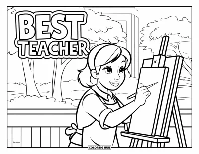 Çocuklar için Öğretmen Boyama Sayfası: Bir öğretmen, dışarıda şövale önünde boyama yapıyor, "Best Teacher" yazısı görünüyor