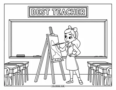 Çocuklar için Öğretmen Boyama Sayfası: Bir öğretmen, "Best Teacher" tabelası altında şövale önünde boyama yapıyor
