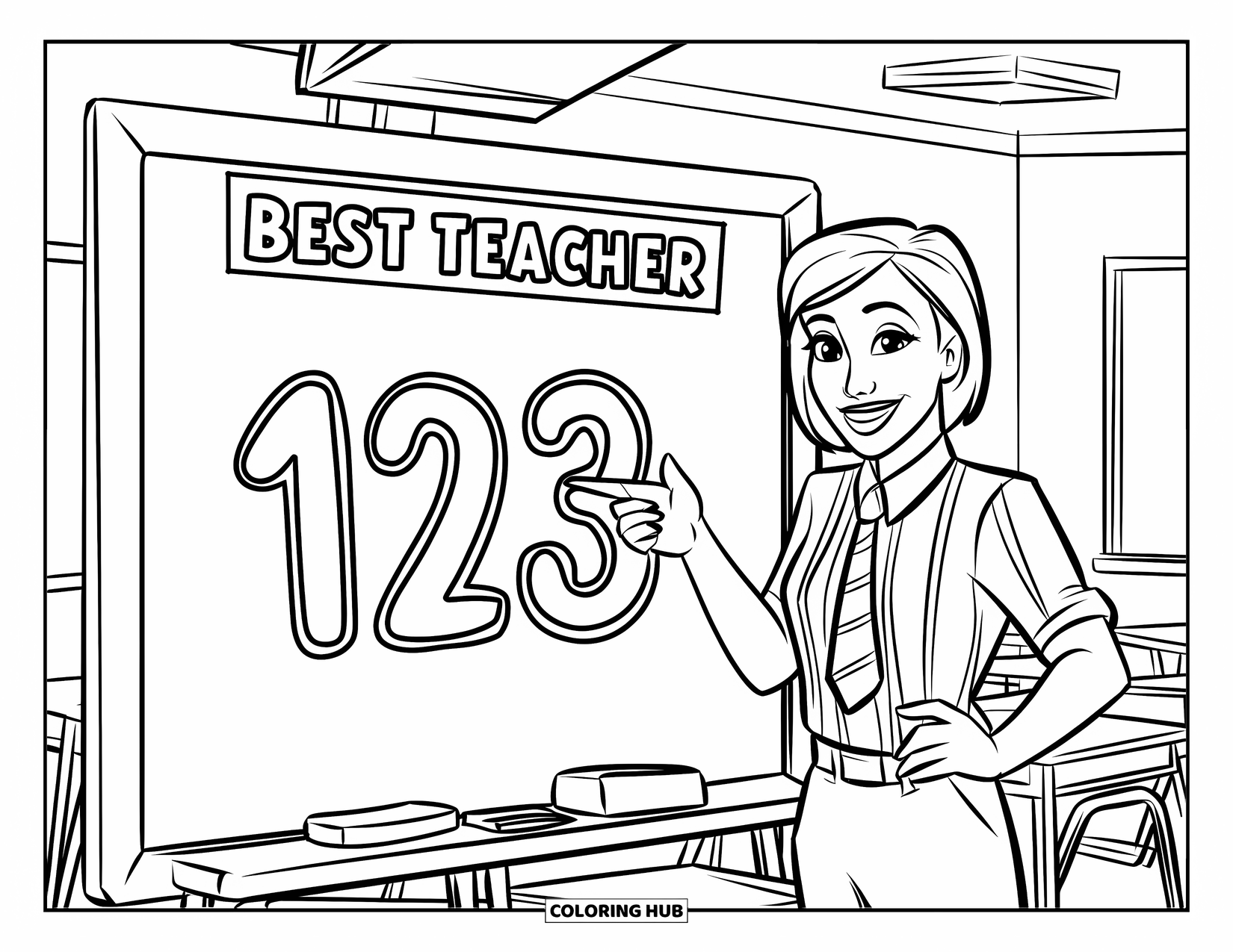 Best Teacher Coloring Page for Kids: A teacher points to "123" on a chalkboard with "Best Teacher" above