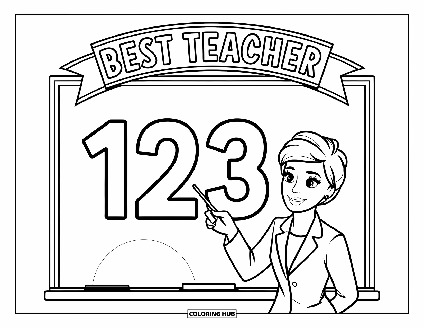 Best Teacher Coloring Page for Kids: A teacher points to numbers on a chalkboard with "Best Teacher" banner
