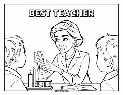 Çocuklar için Öğretmen Boyama Sayfası: Bir öğretmen, üstünde "Best Teacher" yazan beher tutuyor