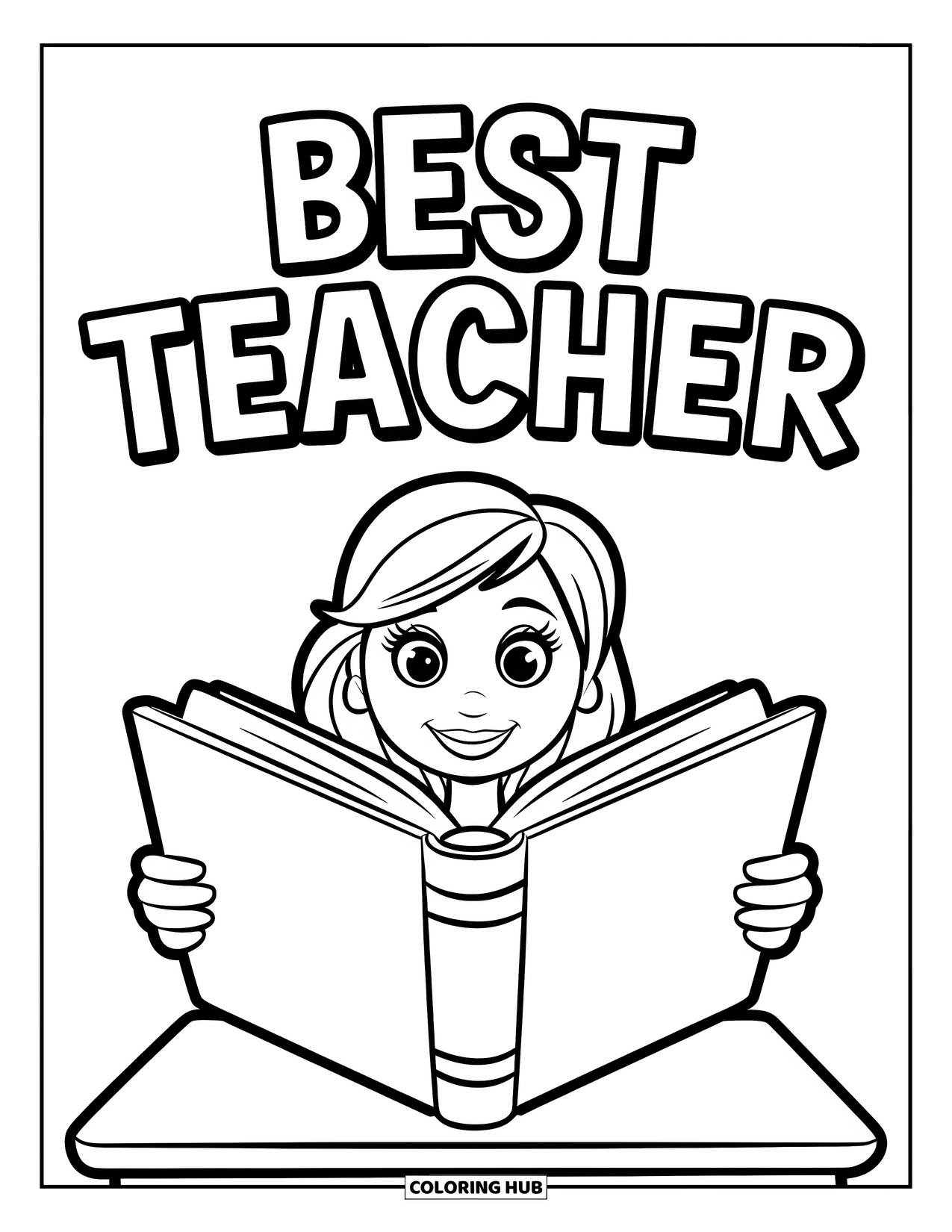 Best Teacher Coloring Page for Kids: A teacher sits at a desk with a giant open book under "Best Teacher"