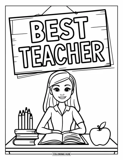 Çocuklar için Öğretmen Boyama Sayfası: Bir öğretmen masada oturuyor, üstünde "Best Teacher" tabelası var
