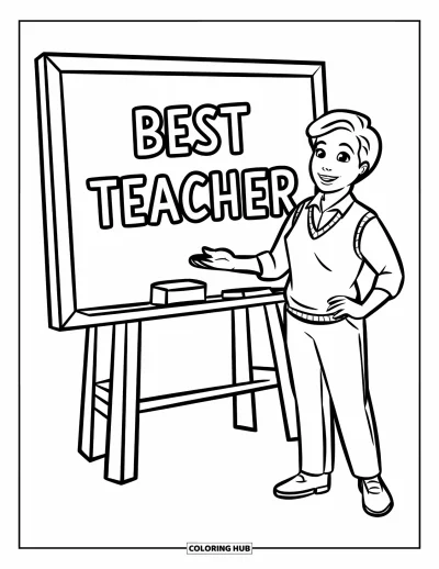 Çocuklar için Öğretmen Boyama Sayfası: Bir öğretmen, üzerinde "Best Teacher" yazan büyük bir tahtanın yanında duruyor