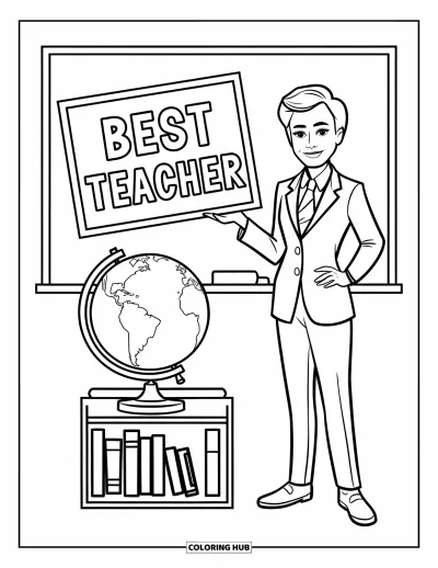 Çocuklar için Öğretmen Boyama Sayfası: Bir öğretmen, "Best Teacher" tabelası altında küre ve kitaplık yanında duruyor
