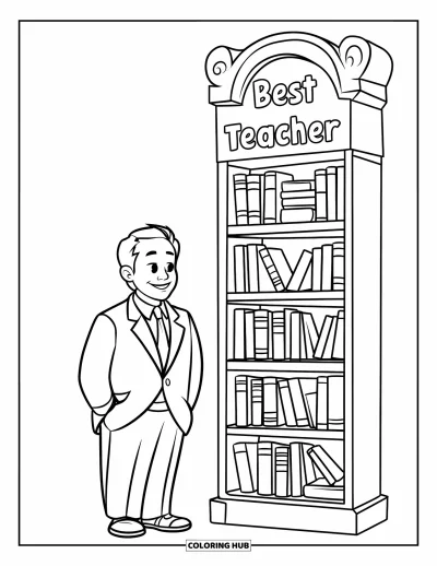 Çocuklar için Öğretmen Boyama Sayfası: Bir öğretmen, üstünde "Best Teacher" yazan uzun bir kitaplığın yanında duruyor