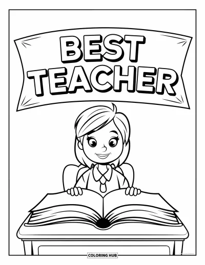 Çocuklar için Öğretmen Boyama Sayfası: Kitaplı bir öğretmen, "Best Teacher" afişinin altında masada oturuyor