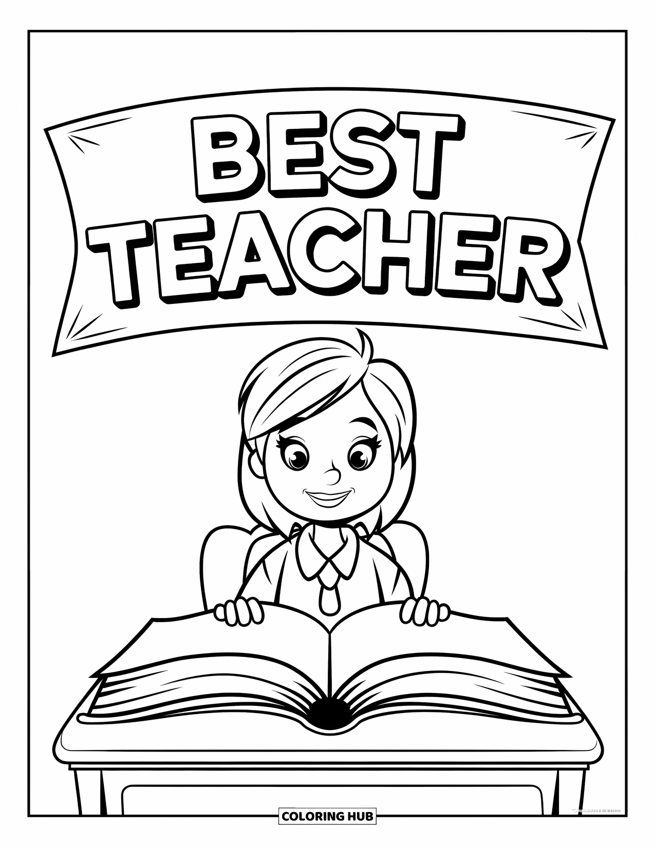 Best Teacher Coloring Page for Kids: A teacher with a book sits at a desk under a "Best Teacher" banner
