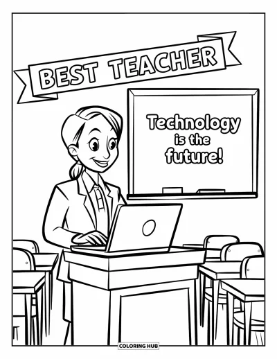 Çocuklar için Öğretmen Boyama Sayfası: Dizüstü bilgisayarlı bir öğretmen, "Technology is the future!" yazan tahtanın önünde duruyor