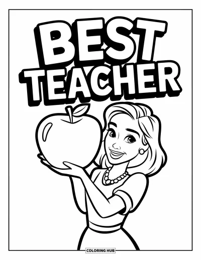 Çocuklar için Öğretmen Boyama Sayfası: Kolye takan bir öğretmen, üzerinde "Best Teacher" yazan büyük bir elmayı tutuyor