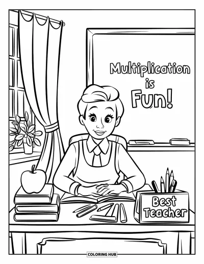 Çocuklar için Öğretmen Boyama Sayfası: Önlüklü bir öğretmen, tahtada "Multiplication is fun!" yazarken masada oturuyor