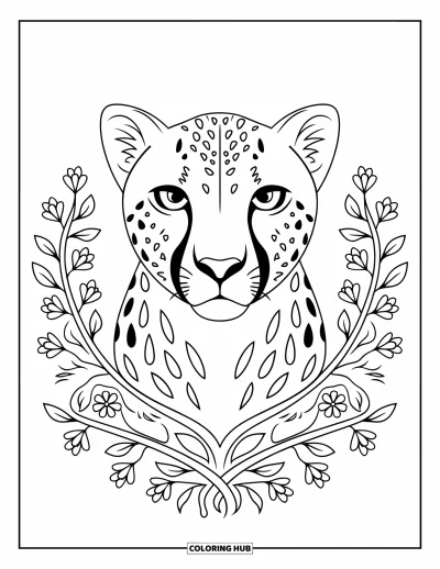 Kleurplaat van grote katachtigen voor volwassenen: Cheetahhoofd omlijst door ranken en bloempatronen op witte achtergrond