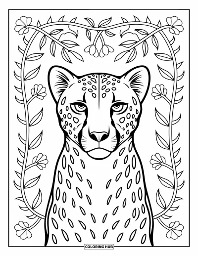 Kleurplaat van grote katachtigen voor volwassenen: Cheetahhoofd omlijst door ranken en bloempatronen zonder schaduw of kleur
