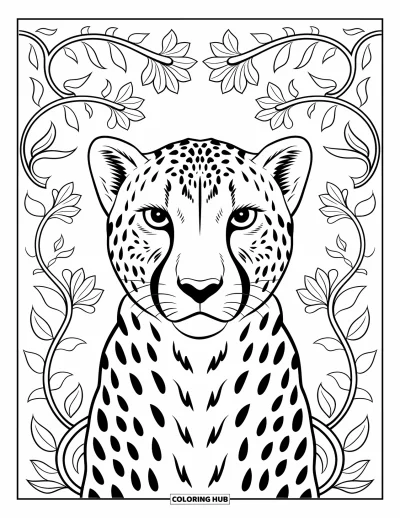 Kleurplaat van grote katachtigen voor volwassenen: Cheetahhoofd met gespitste oren omgeven door ranken en bloempatronen