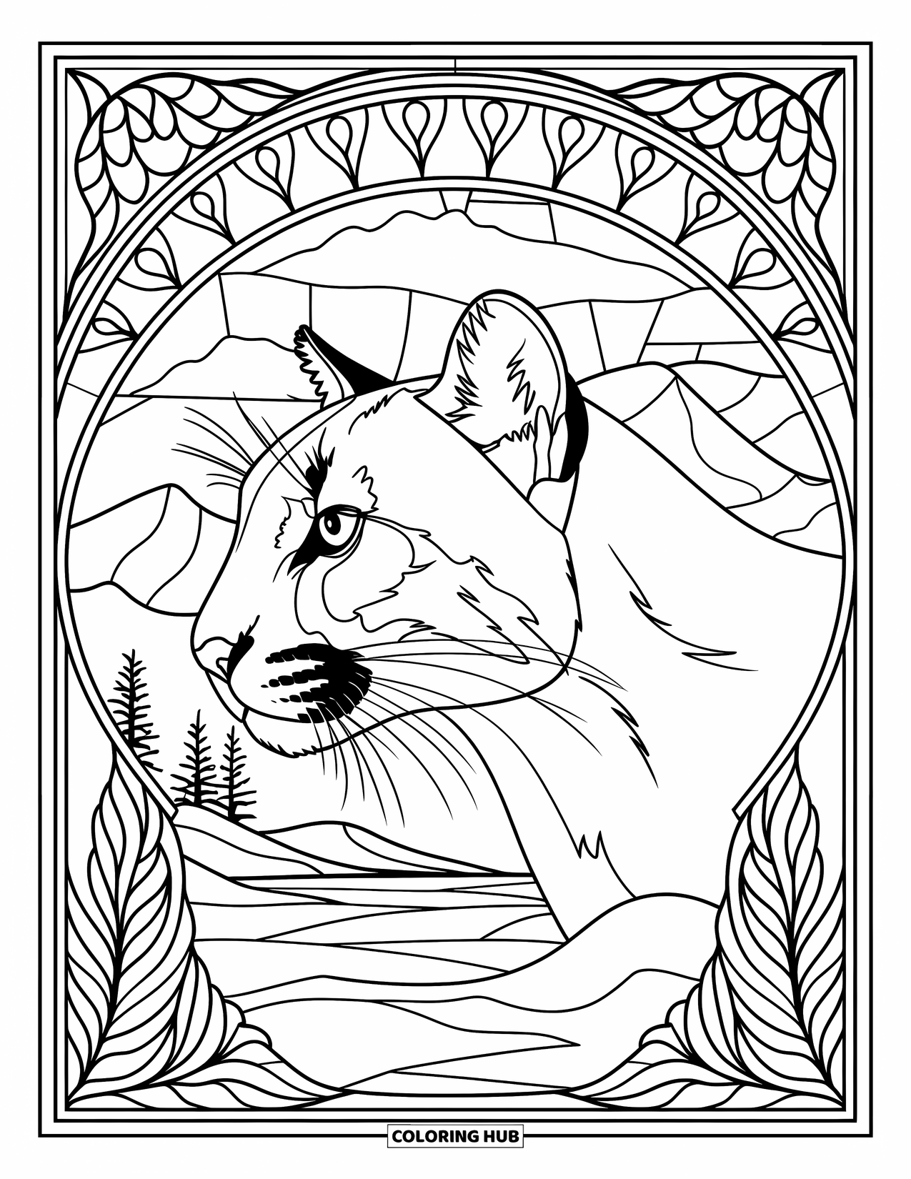 Big Cat Coloring Page for Adults: Cougar in profile framed by stained glass mountains and leaves over a peaceful landscape
