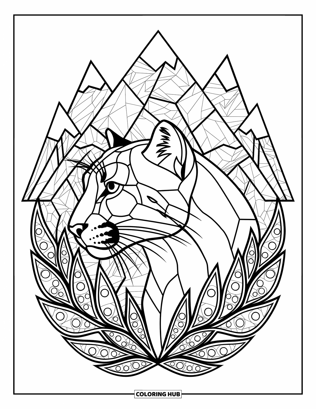 Big Cat Coloring Page for Adults: Cougar profile framed by geometric stained glass mountains and patterned leaves