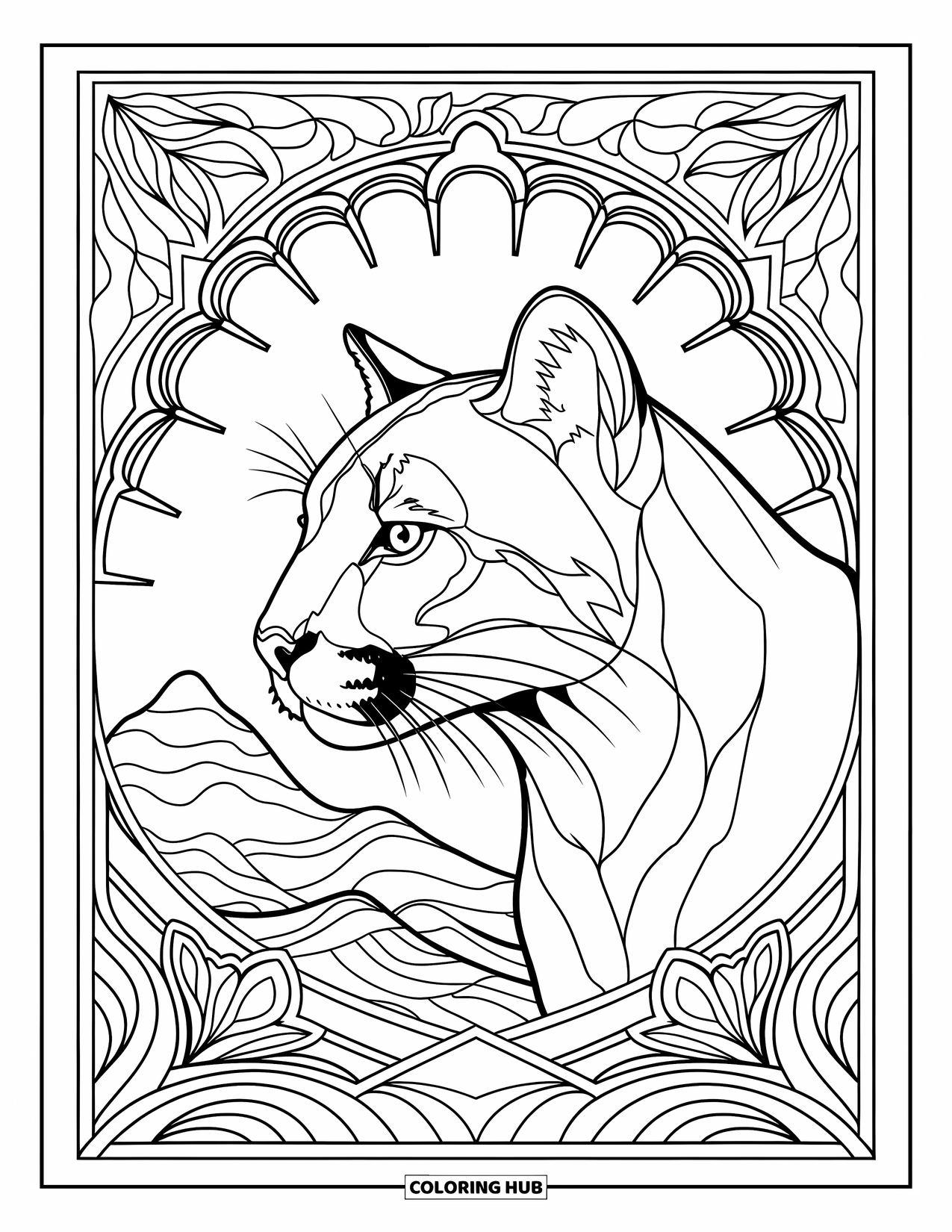 Big Cat Coloring Page for Adults: Cougar profile framed by stained glass mountains and leaves with detailed artistic patterns
