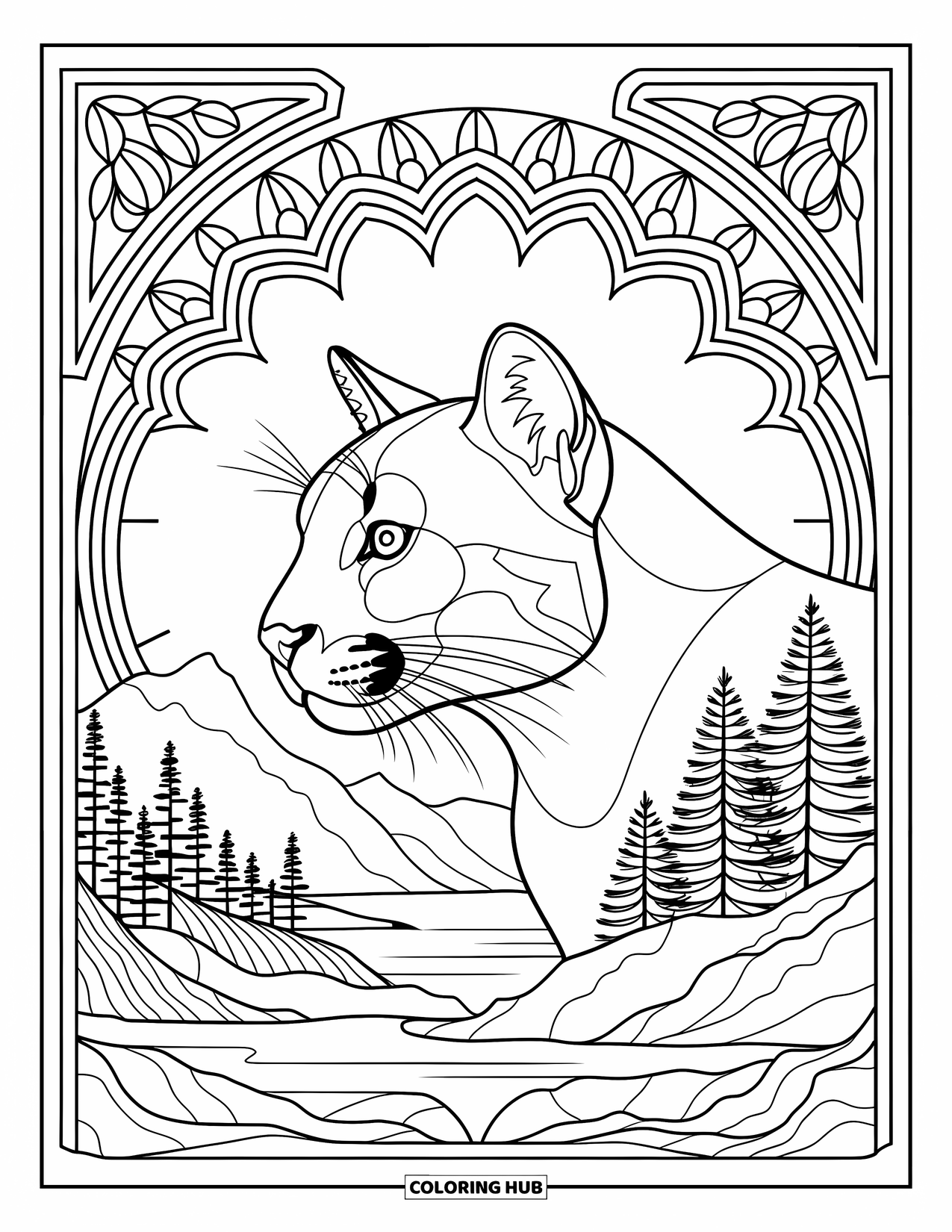 Big Cat Coloring Page for Adults: Cougar side profile framed by stained glass mountains and leaves over a calm nature scene
