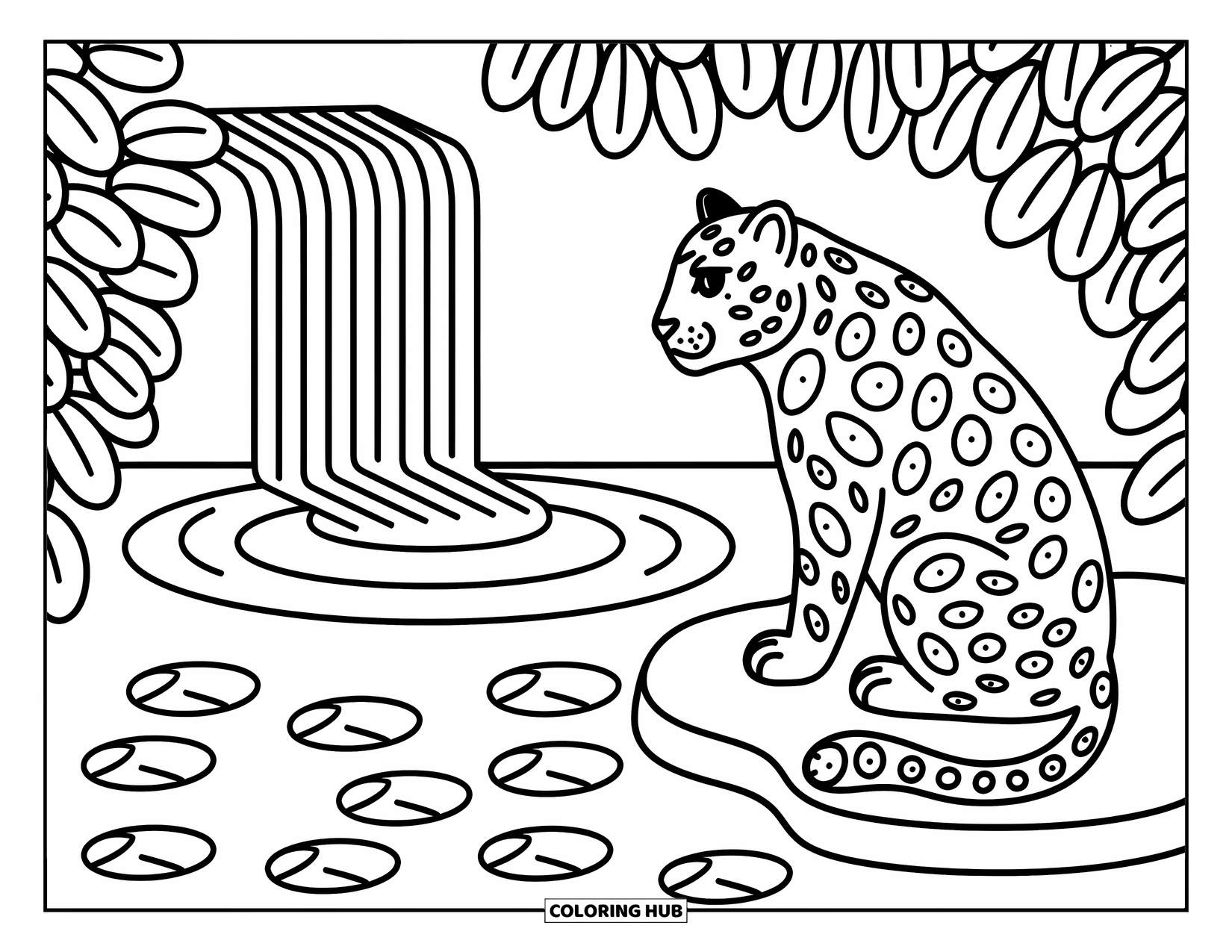 Big Cat Coloring Page for Adults: Jaguar resting by a rock slab near a small waterfall