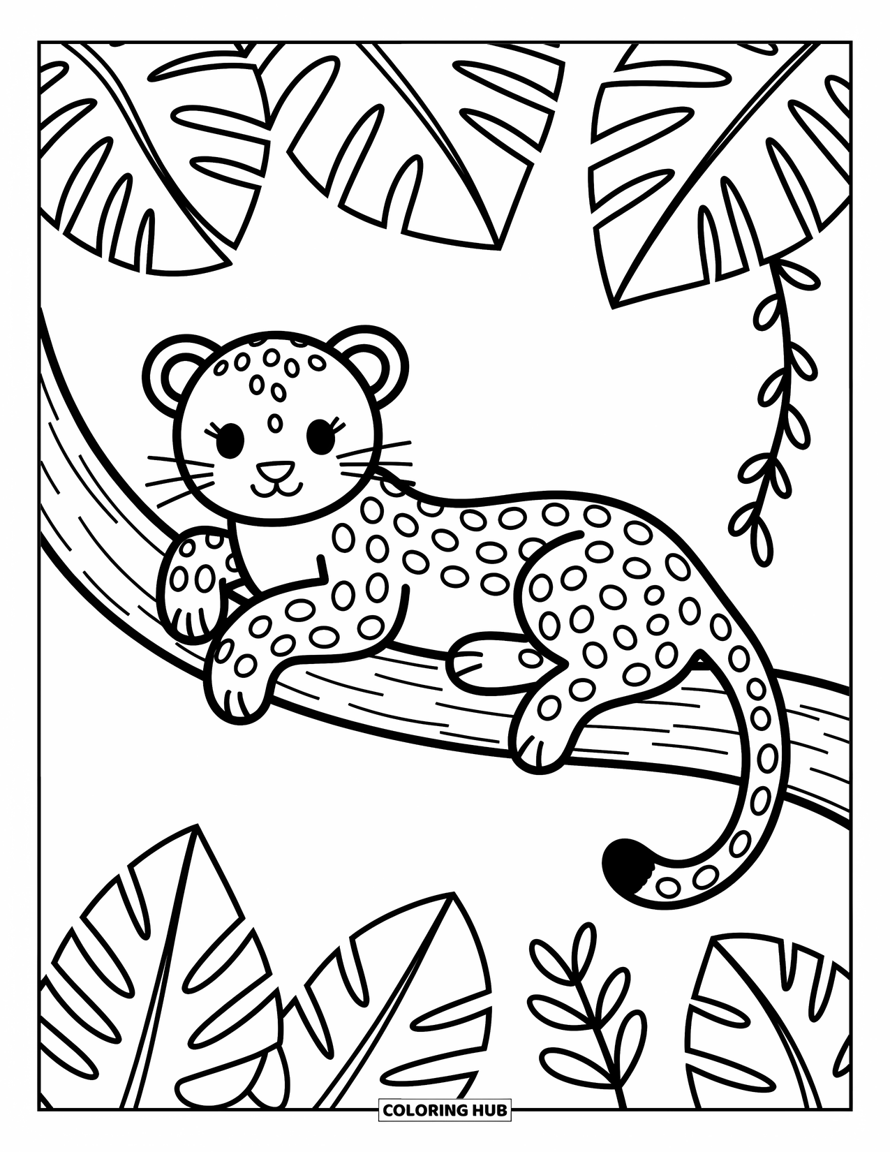 Big Cat Coloring Page for Adults: Leopard lying on a branch with tropical leaves behind