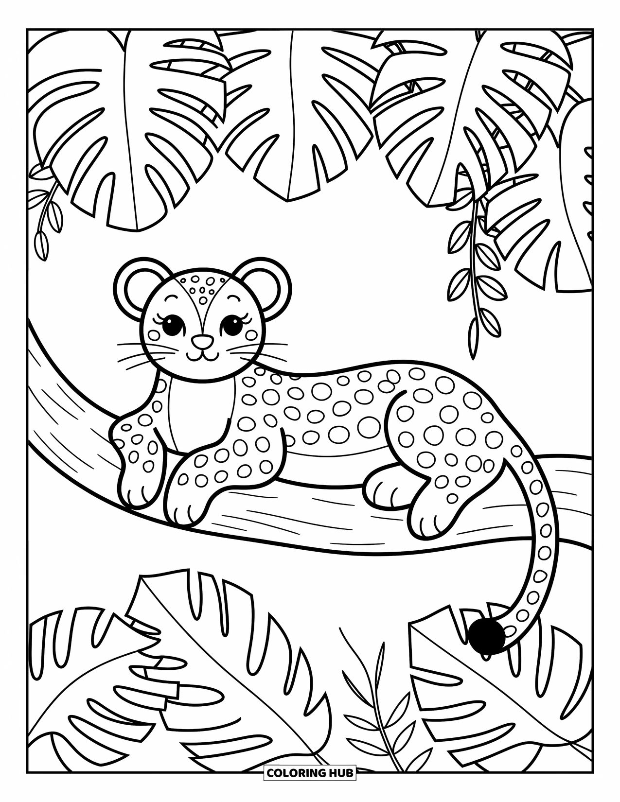 Big Cat Coloring Page for Adults: Leopard reclining on a branch surrounded by jungle leaves