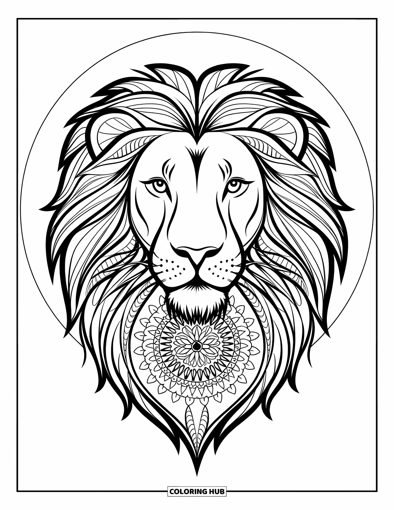 Big Cat Coloring Page for Adults: Lion head with full mane framed by circular botanical mandala