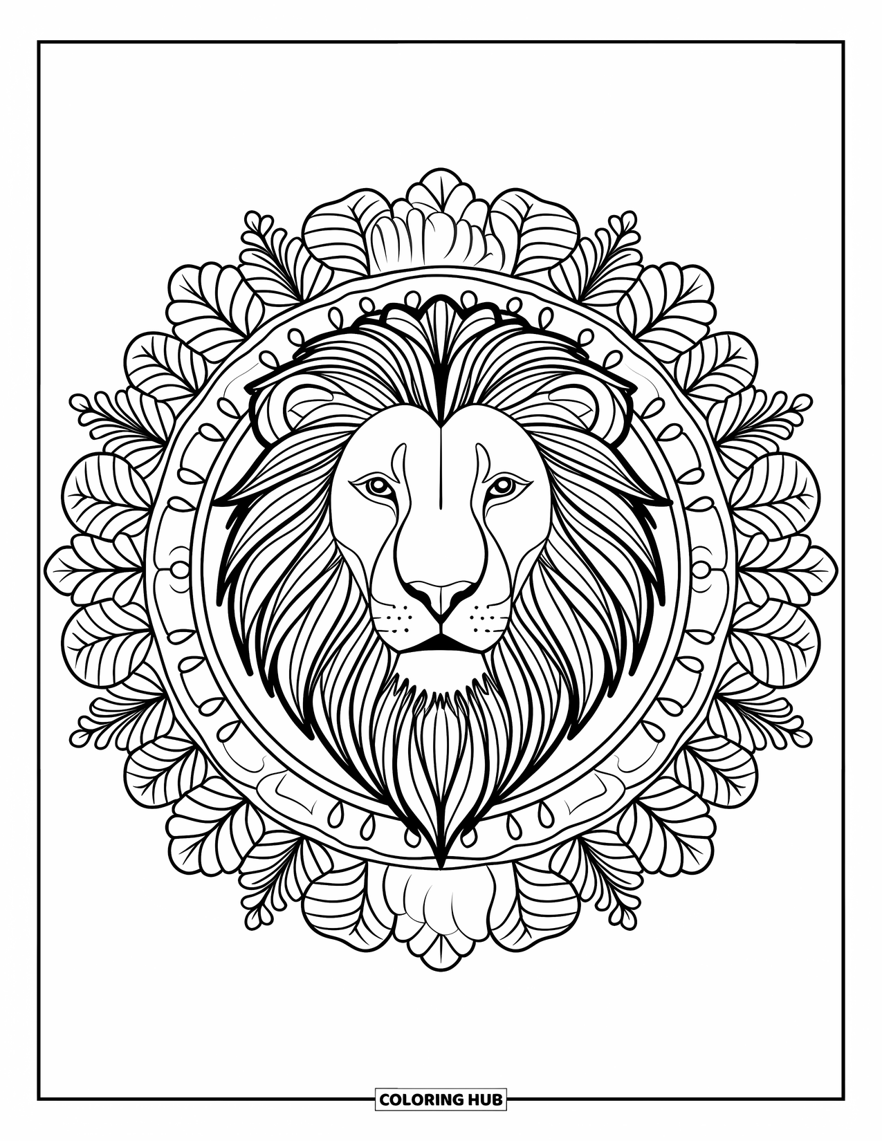 Big Cat Coloring Page for Adults: Lion head within circular botanical mandala of leaves, flowers, and vines