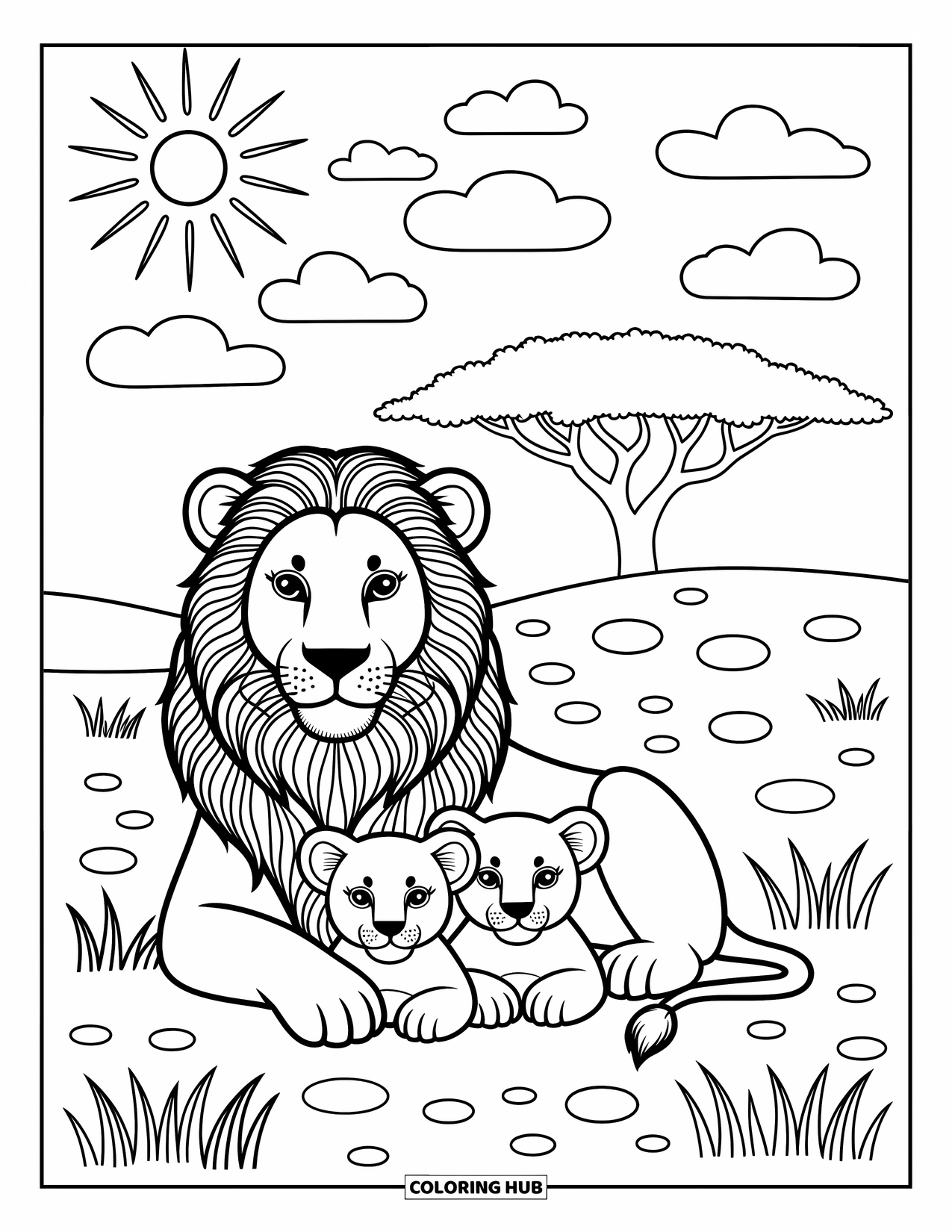 Big Cat Coloring Page for Adults: Lioness and cubs resting near an acacia tree