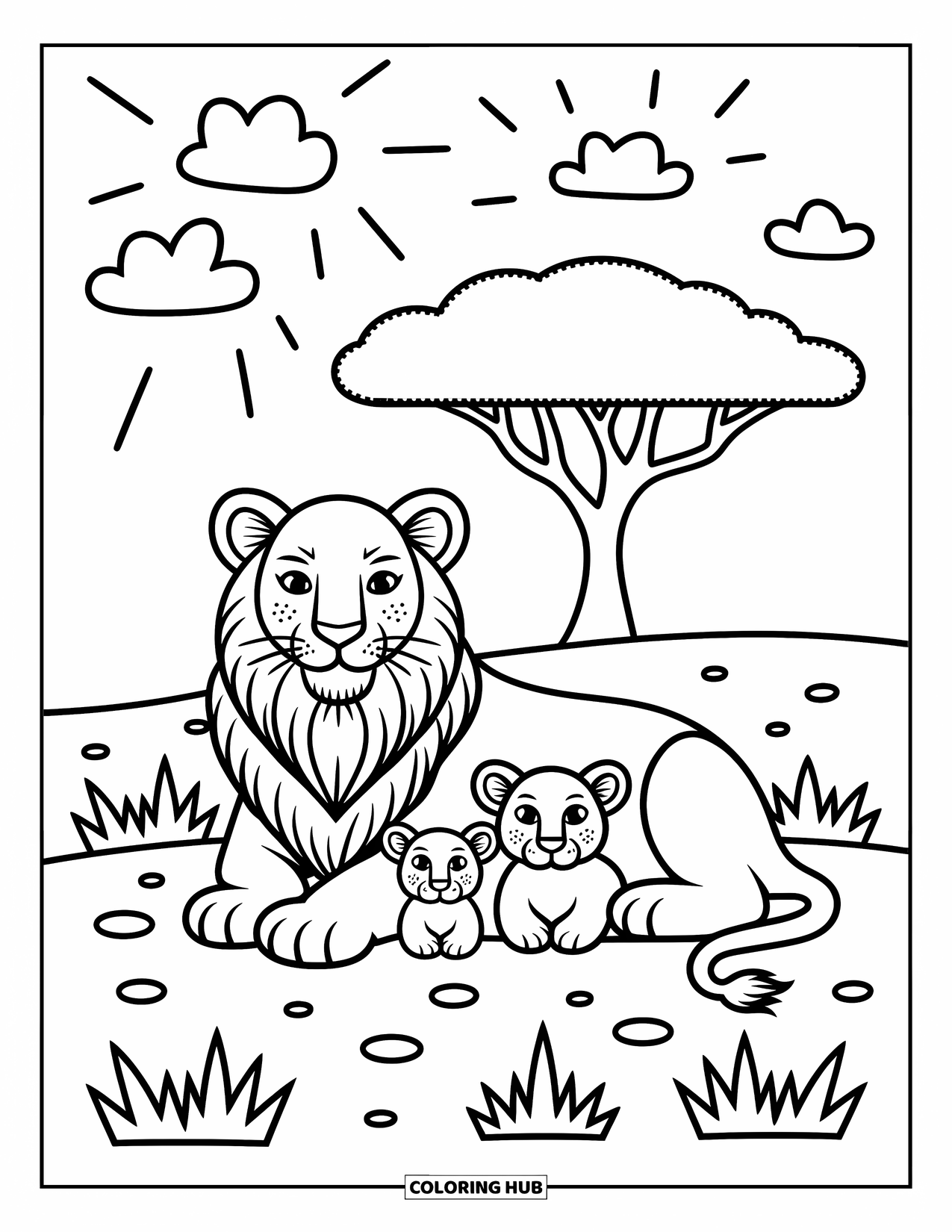 Big Cat Coloring Page for Adults: Lioness with two cubs under an acacia tree