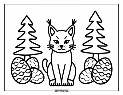 Kleurplaat van grote katachtigen voor volwassenen: Lynx met dennenbomen en dennenappels in een warme zonsondergangscène