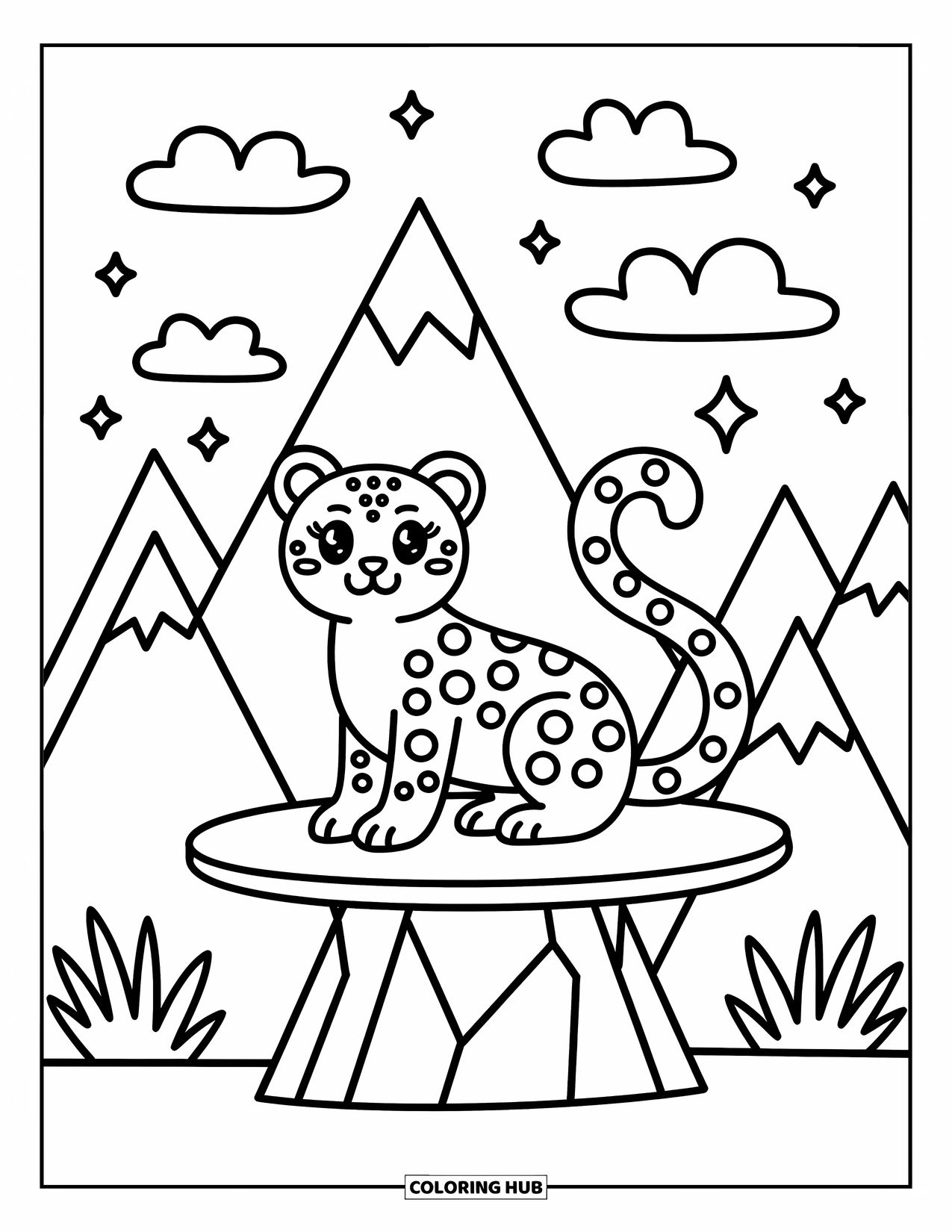 Big Cat Coloring Page for Adults: Snow leopard on a ledge with mountains and drifting clouds