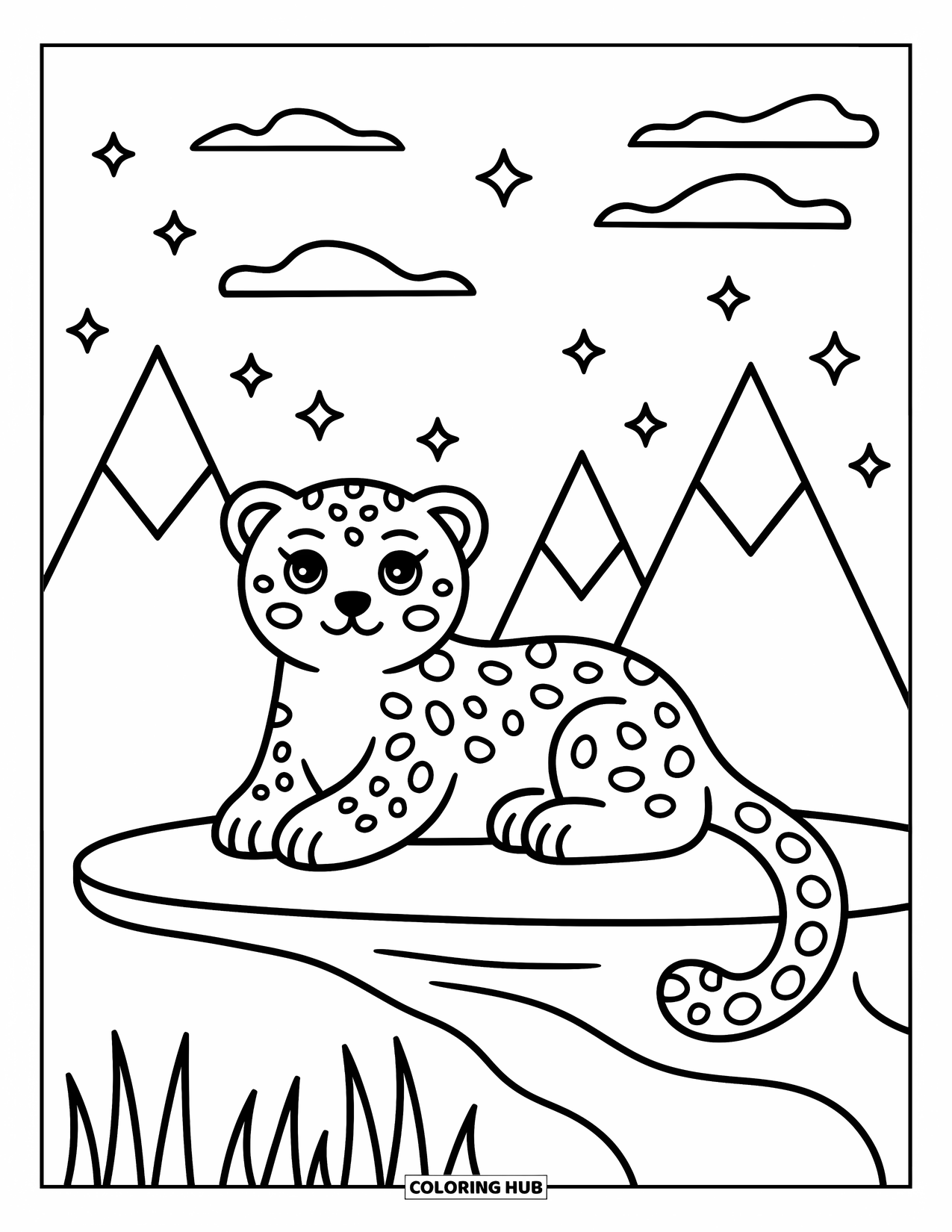Big Cat Coloring Page for Adults: Snow leopard perched on a rock ledge with mountain peaks