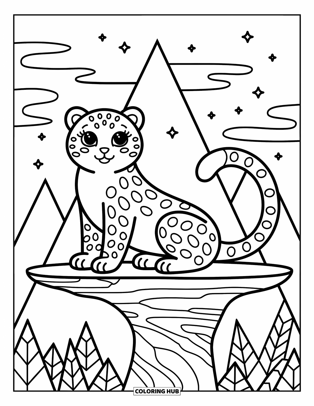 Big Cat Coloring Page for Adults: Snow leopard sitting with mountains, stars, and clouds behind