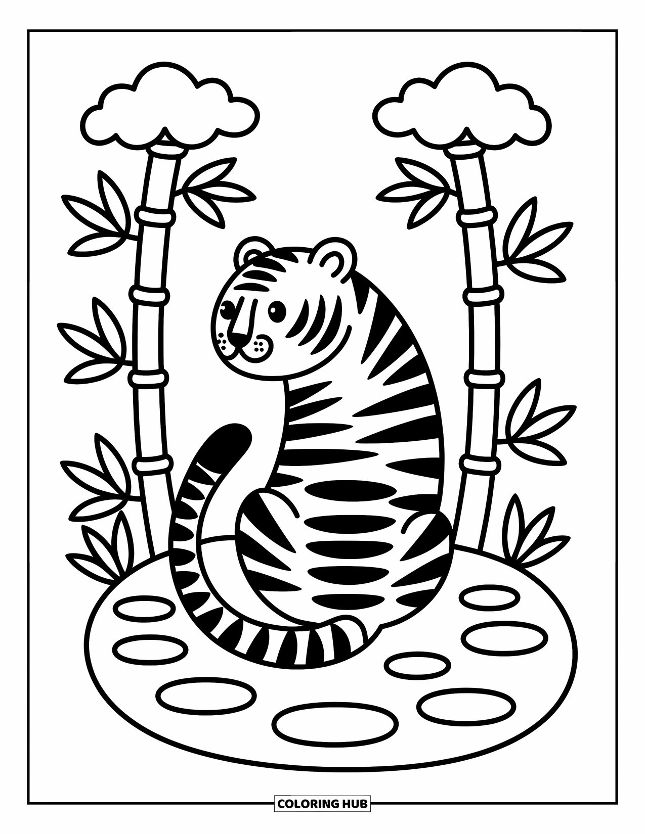 Big Cat Coloring Page for Adults: Tiger sitting with bamboo stalks and smooth stones