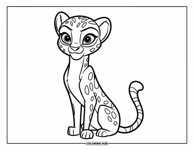 Kleurplaat van grote katachtigen voor kinderen: Cheetah rechtop zittend met grote ronde ogen
