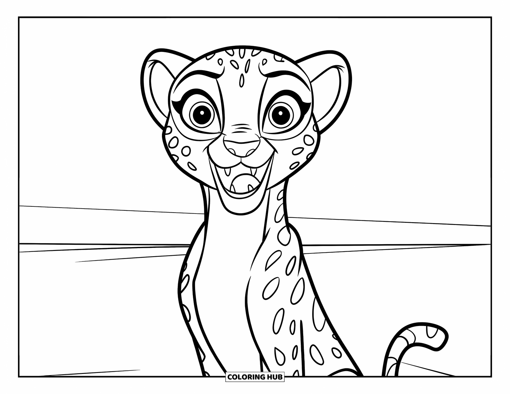 Big Cat Coloring Page for Kids: Cheetah sitting with mouth open and big eyes