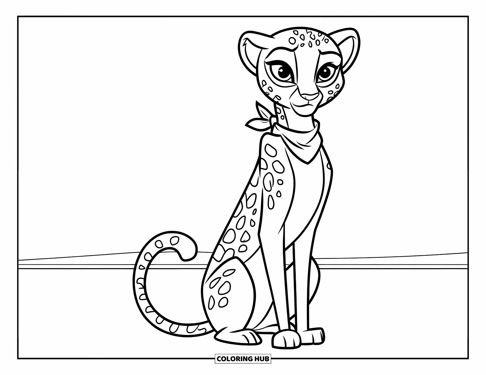 Big Cat Coloring Page for Kids: Cheetah wearing a scarf sitting upright