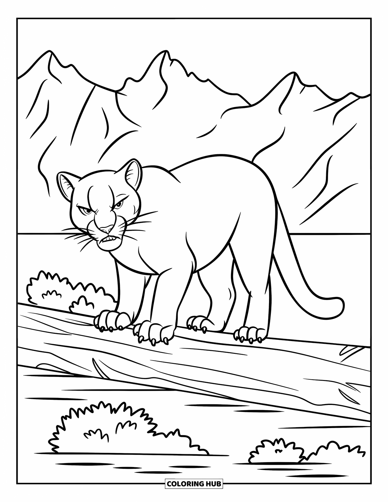 Big Cat Coloring Page for Kids: Cougar on a log near water with mountains in the background