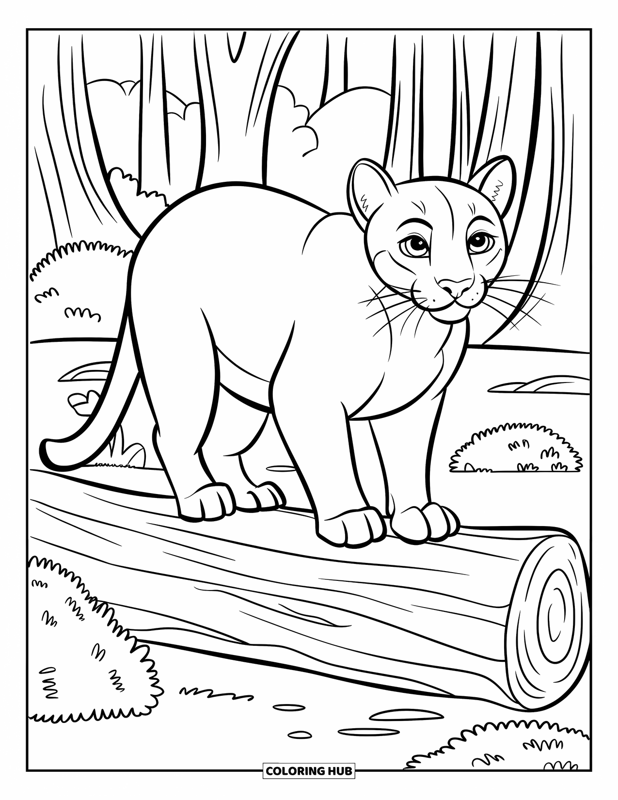 Big Cat Coloring Page for Kids: Cougar standing on a log in a forest clearing