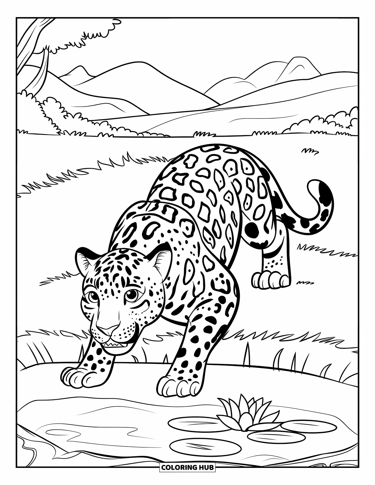 Big Cat Coloring Page for Kids: Jaguar crouching by a pond surrounded by greenery