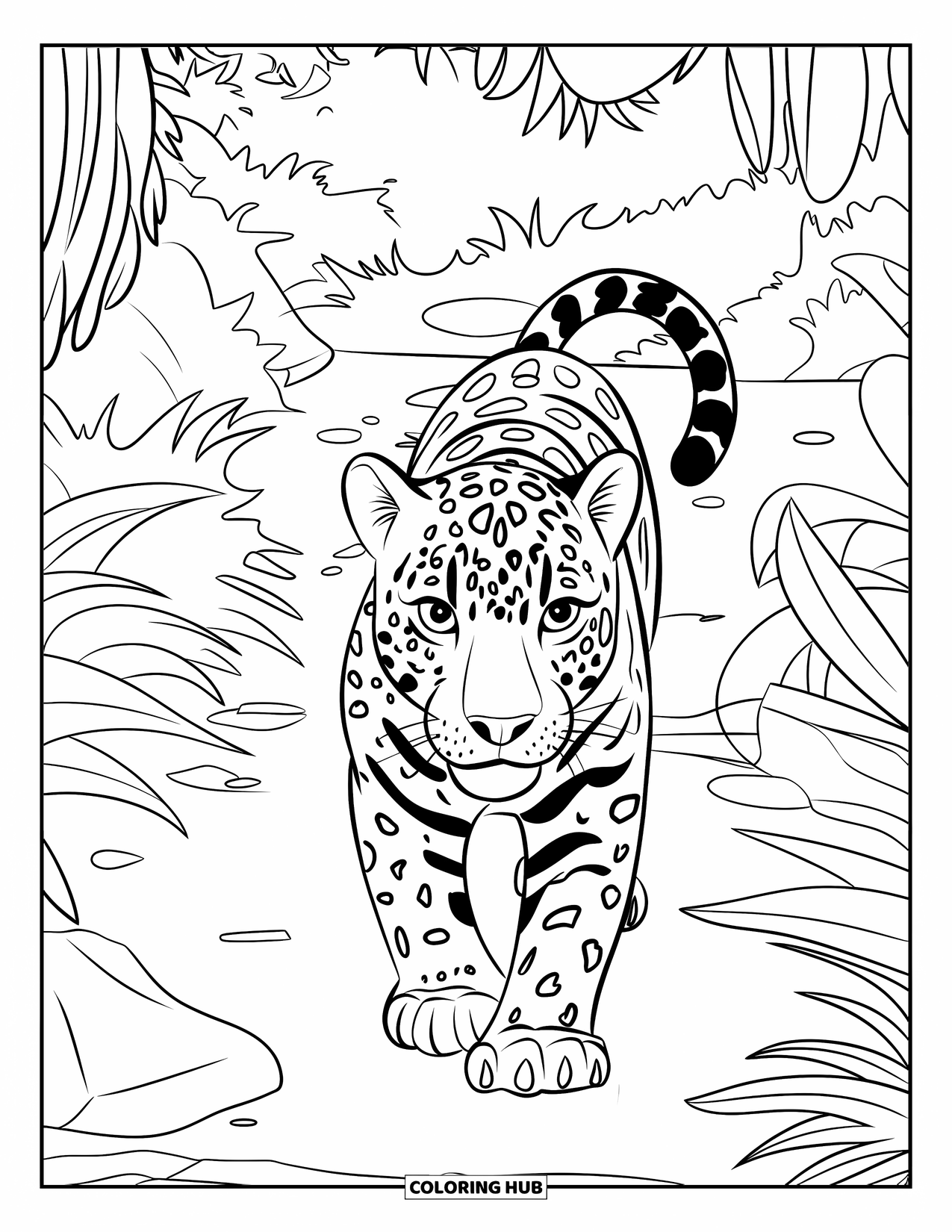Big Cat Coloring Page for Kids: Jaguar walking a jungle trail with rocks, ferns, and trees