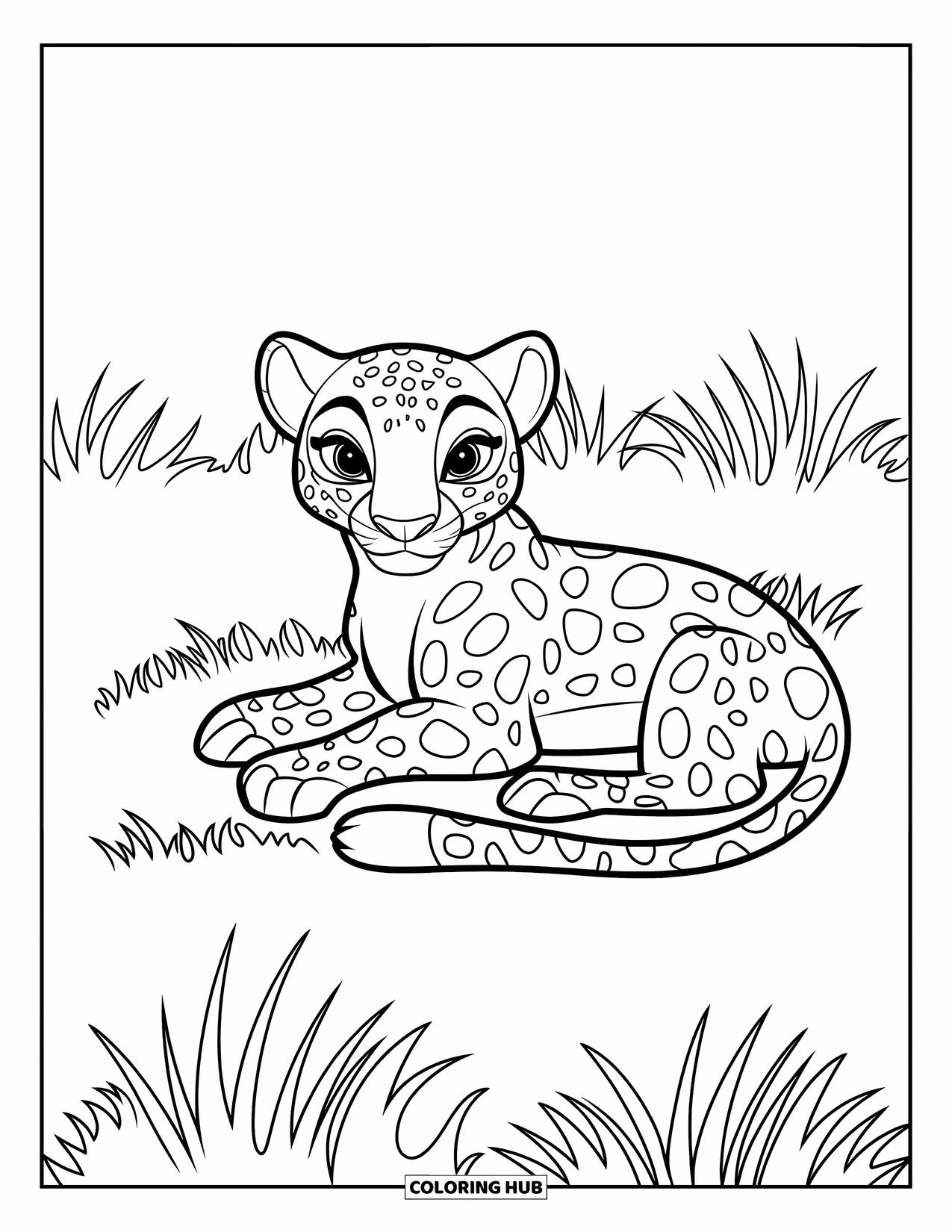 Big Cat Coloring Page for Kids: Leopard lying on a grassy field with big spots