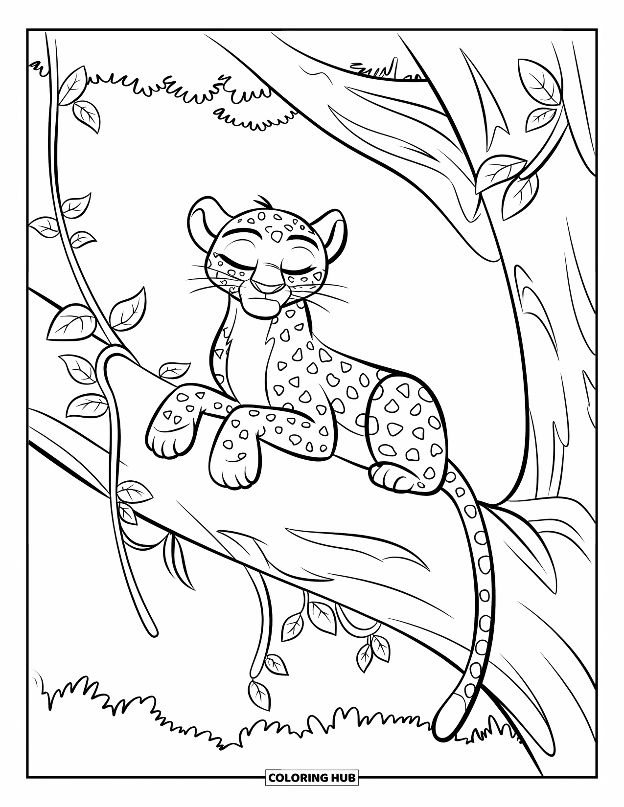 Big Cat Coloring Page for Kids: Leopard resting on a leafy tree branch