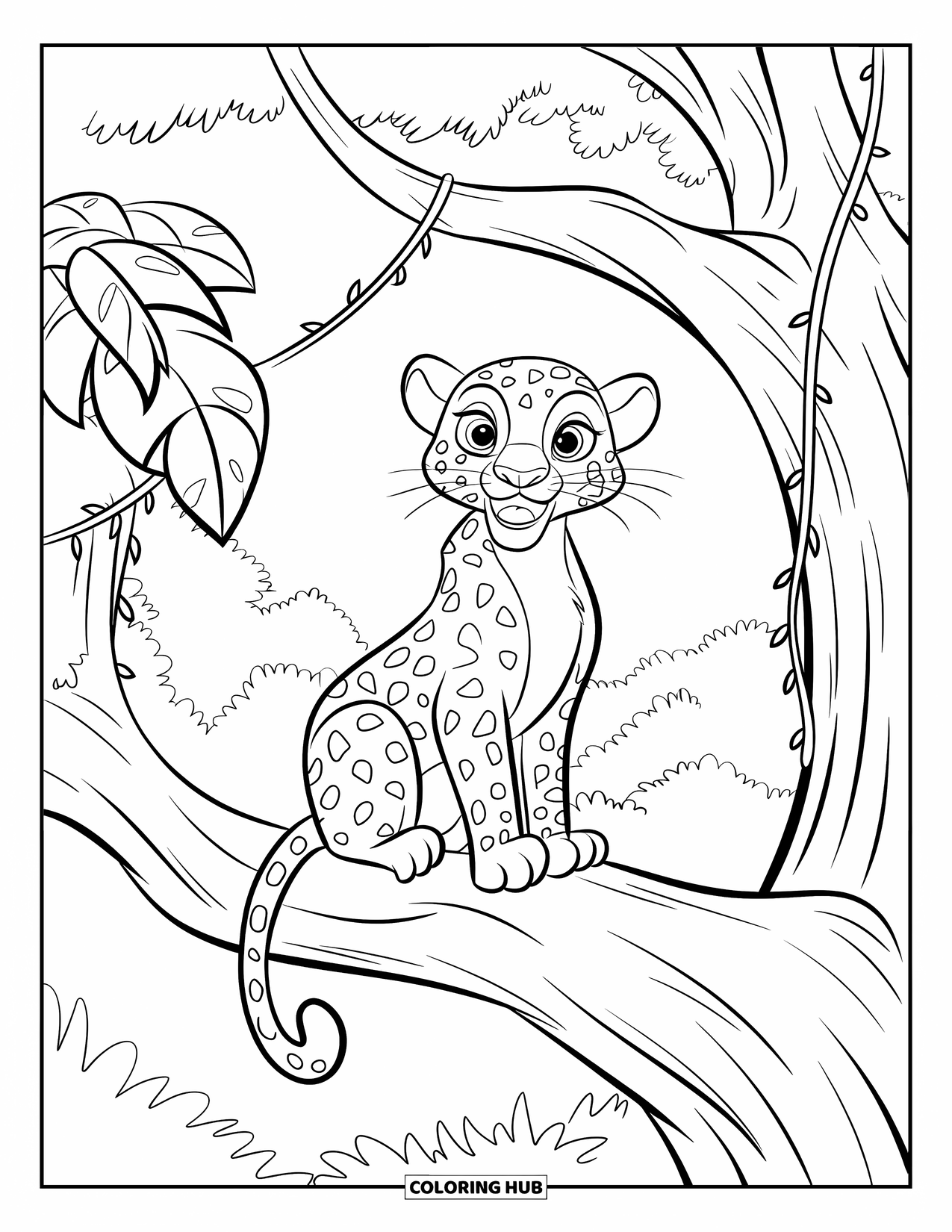Big Cat Coloring Page for Kids: Leopard sitting high on a tree branch with vines and large leaves
