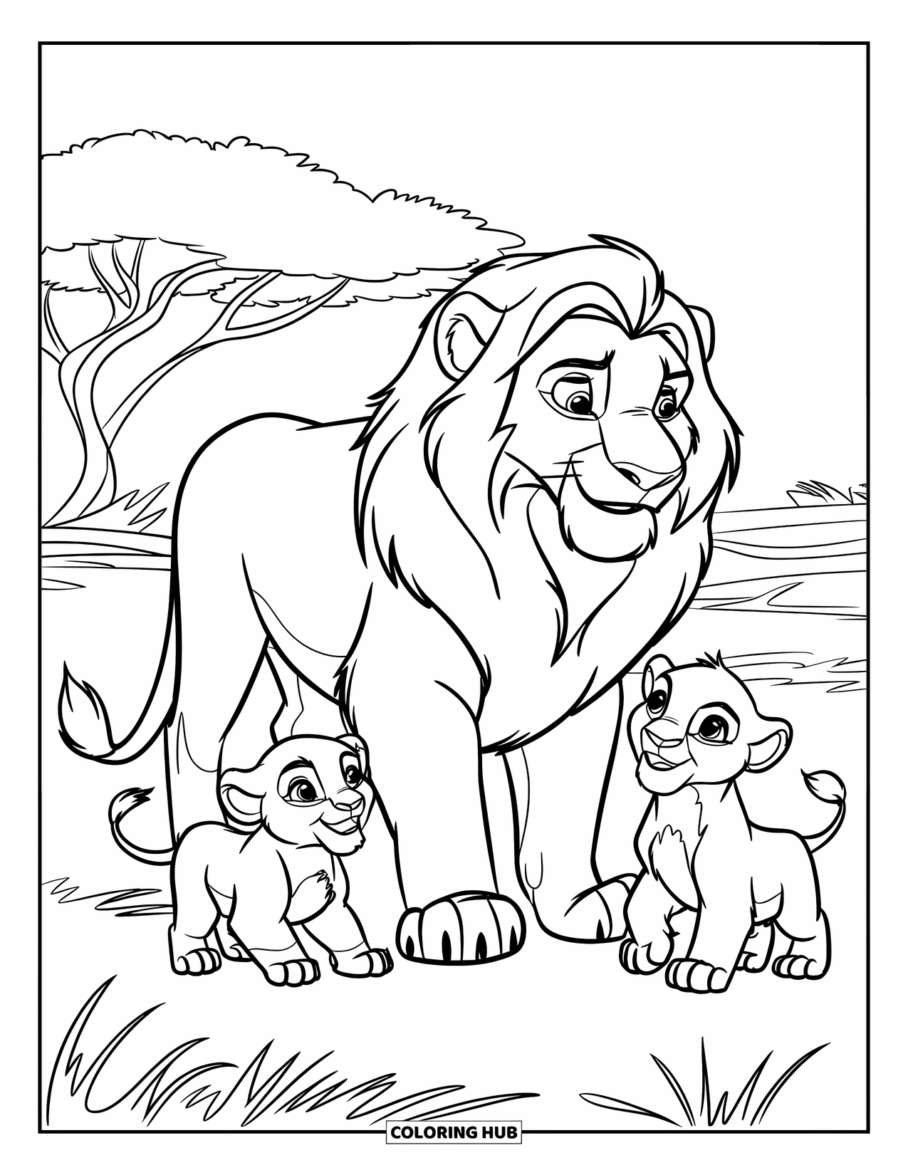 Big Cat Coloring Page for Kids: Lion and playful cubs on a grassy savannah