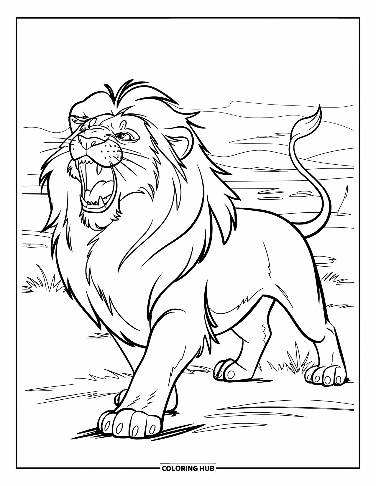Big Cat Coloring Page for Kids: Lion roaring in the middle of the savannah