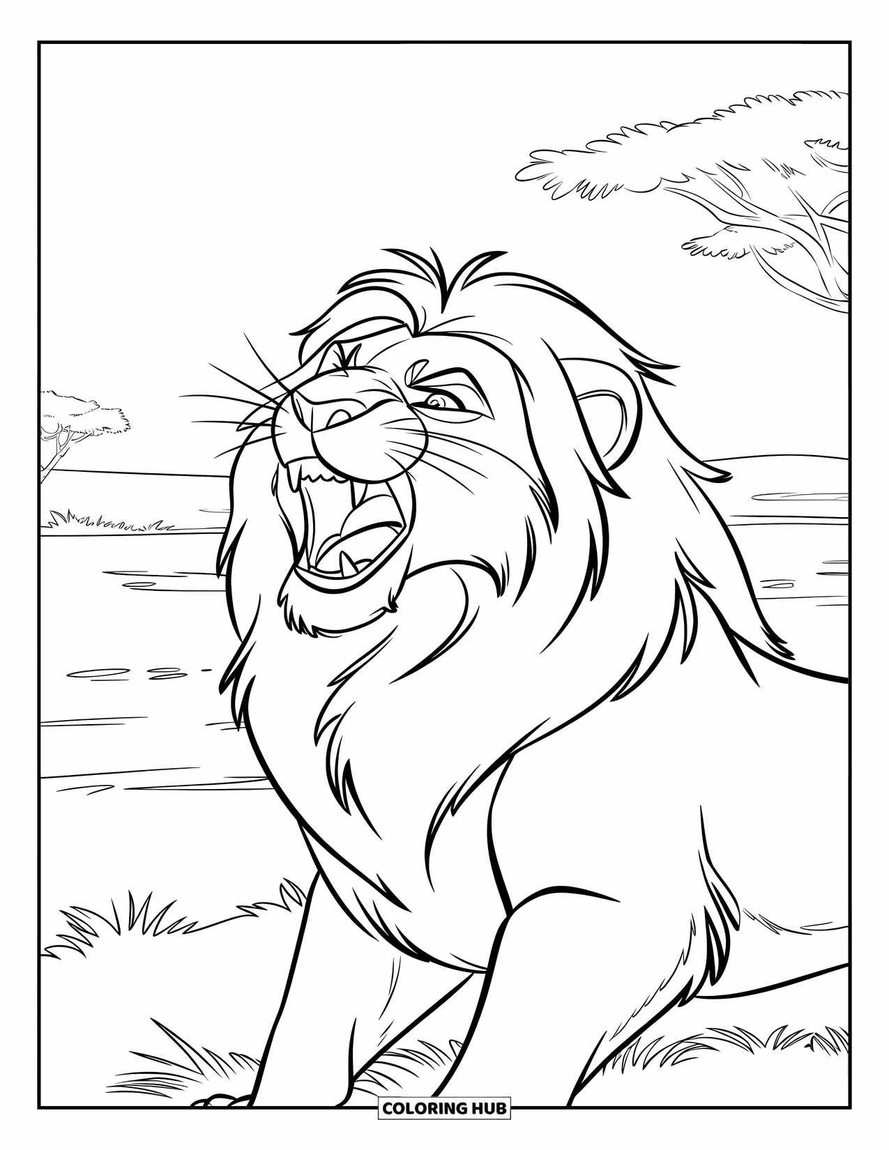 Big Cat Coloring Page for Kids: Lion roaring with its mane flowing on the savannah