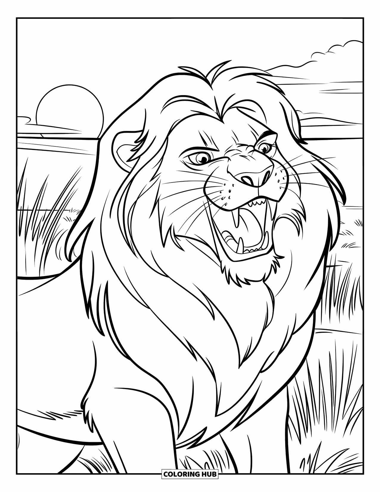 Big Cat Coloring Page for Kids: Lion roaring with tall grasses and a setting sun
