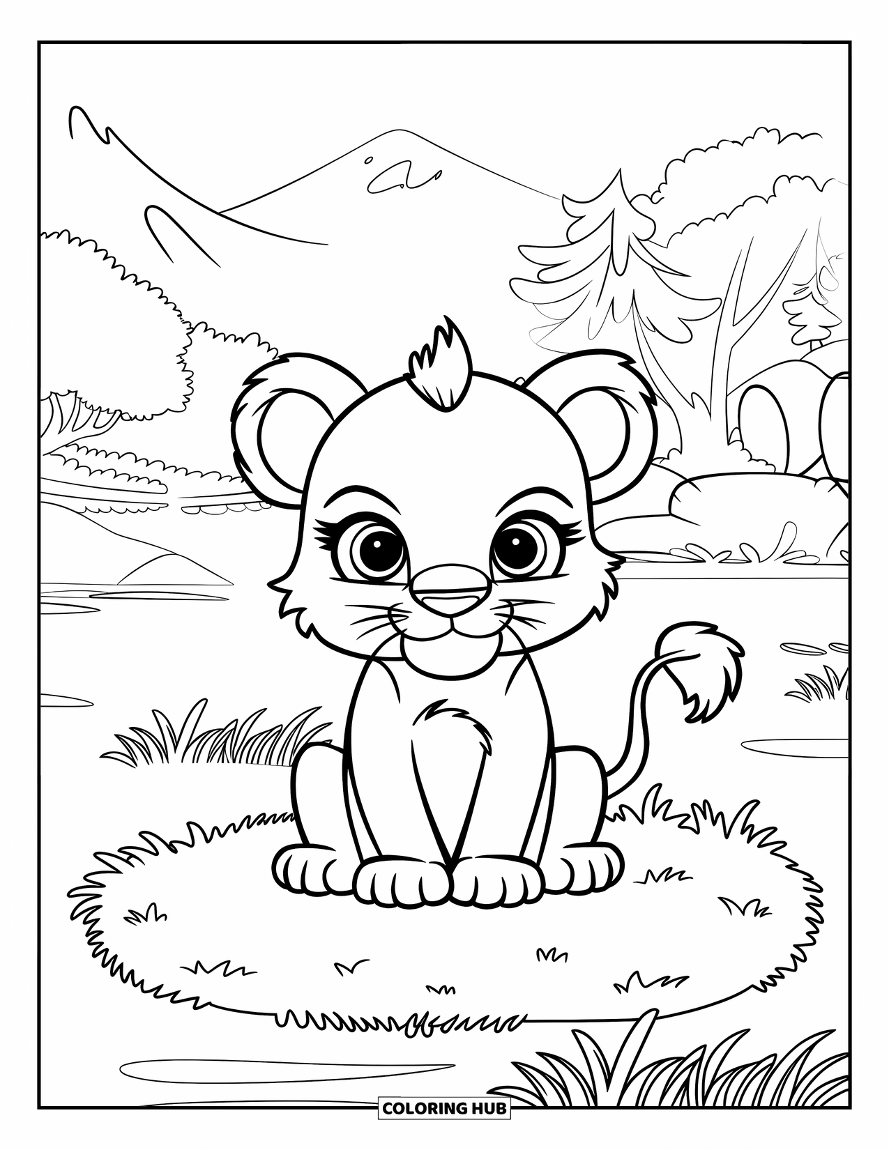 Big Cat Coloring Page for Kids: Lion wearing an outfit sitting on a grassy patch