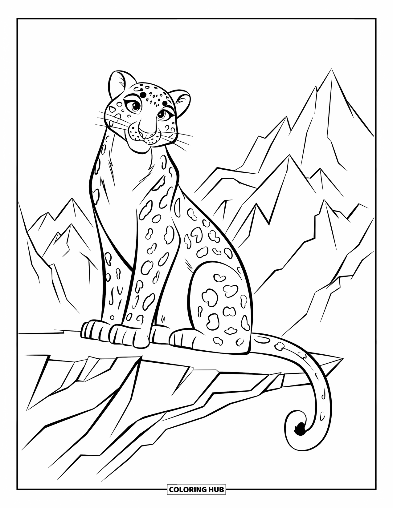 Big Cat Coloring Page for Kids: Snow leopard sitting on a rocky ledge under sharp mountain peaks